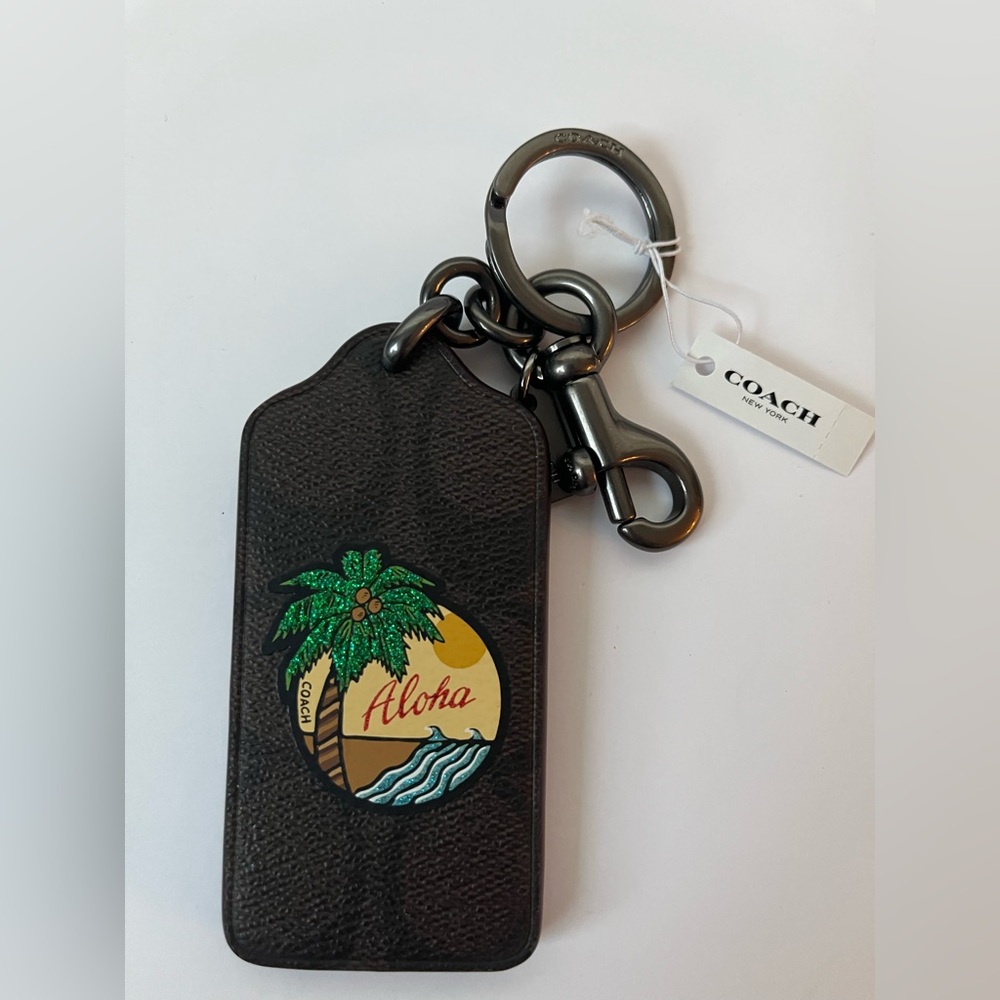 Coach "Aloha" Palm Tree in Hawaii Key Fob signature canvas, glitter LIMITED NWT